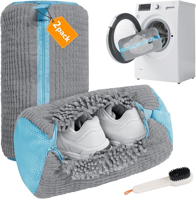 XXL Shoe Washing Machine Bag - 2 Pcs Shoe Laundry Bag for Washer and Dryer, Reusable Shoe Cleaning Bag for All Shoe Sizes,360° Deep Clean for Sneakers Tennis Shoes Running Shoes,Include 1 Brush (Grey)