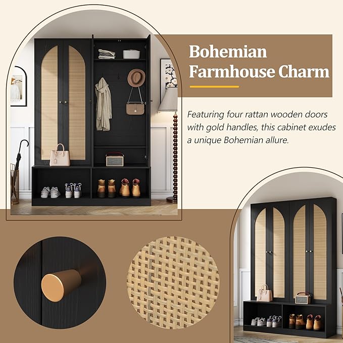 Bohemian Farmhouse Widen Hall Tree with 4 Rattan Doors, Versatile 4-in-1 Hall Tree, Mid-Century Entryway Shoe Cabinet with Adjustable Shelf and 6 Hooks, Seating Bench for Living Room
