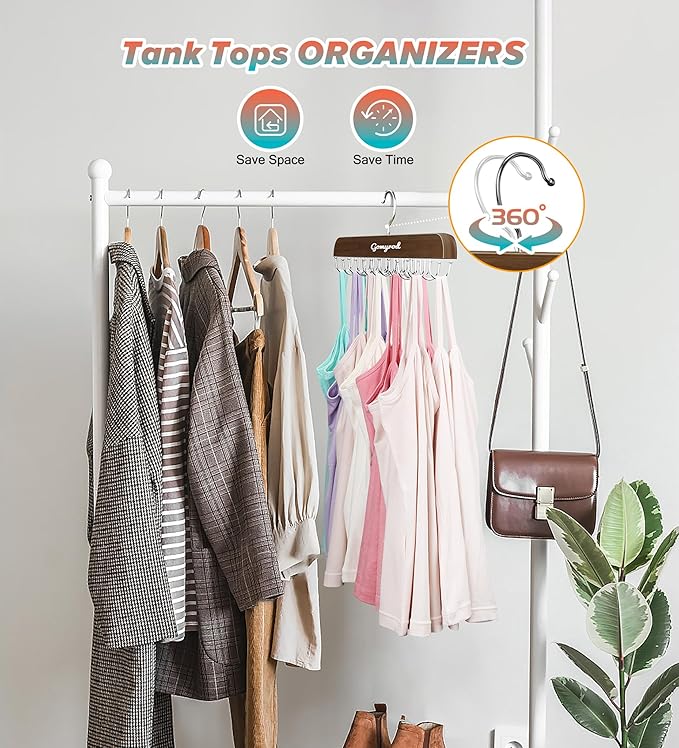 Bra Hanger for Closet, 2 Pack Tank Top Hangers w/20 Hooks Holds 40 Bras, Capacity Foldable Wood Space Saving Hanger, 360°Rotating Closet Organizers and Storage for Dorm & Apartment（Brown）