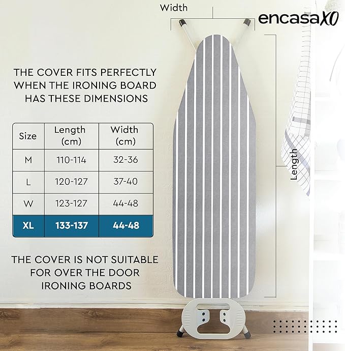 Encasa XO Ironing Board Cover and Pad 54"x18" - 4mm Felt X-Large Iron Board Cover with Padding, Stain-Safe Dye, Non Slip, Elastic Bungee Cord Tightening, Heat Resistant Roma Grey Stripes