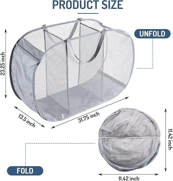 Seiritex Mesh Popup Laundry Hamper 3 Compartment Sortable Horizontal Collapsible Laundry Basket for Clothes Laundry Room Bedroom Toys Travel (Gray)