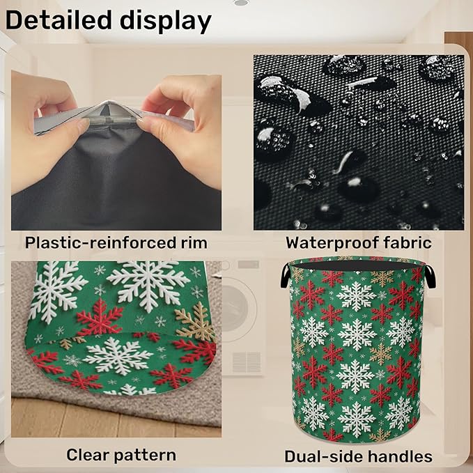 Winter Snowflakes Christmas Large Clothes Hamper Bag - Laundry Basket with Handles, Space Saving Foldable Design for Nursery