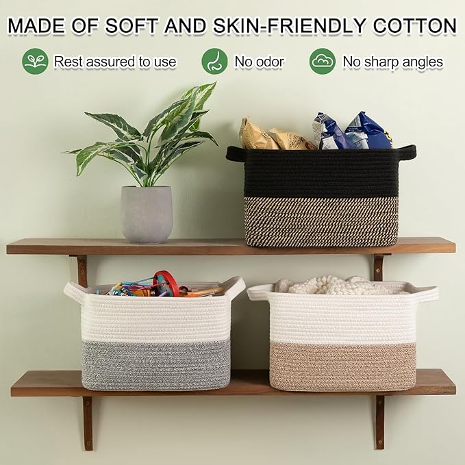 OIAHOMY Woven Storage Basket for Shelves, Rectangle Cotton Rope Baskets for Organizing, 13 x 10 x 9 in, Storage Bins for Dog Toys,Towel,Books,Gift,Brown and White