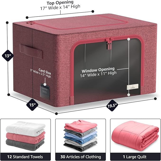 Sorbus Storage Bins with Metal Frame - Stackable & Foldable Clothes Organizer Bags - Oxford Fabric Storage Containers with Large Clear Window & Carry Handles Organization for Bedding Linen & Clothing
