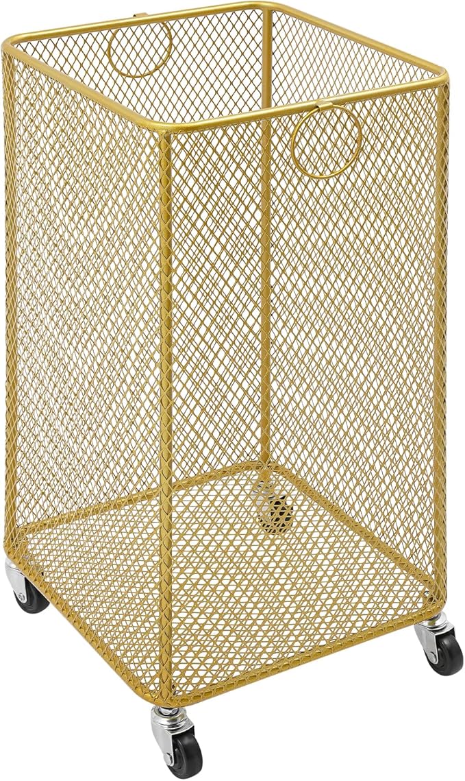 Rolling Laundry Basket Cart, Metal Laundry Hamper with Wheels, Laundry Organizer Basket Cart, Clothes Storage Organizer Hamper for Living Room,Bathroom,Closet (Gold, Square)