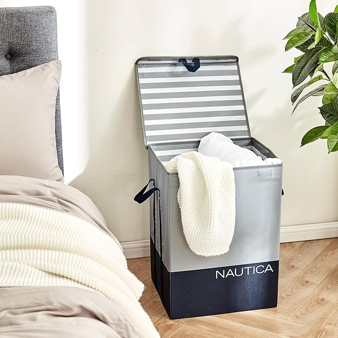Nautica - Laundry Basket, Foldable Hamper & Storage Bin with Lid, Closet Organizers, Home Essentials (Grey Block)