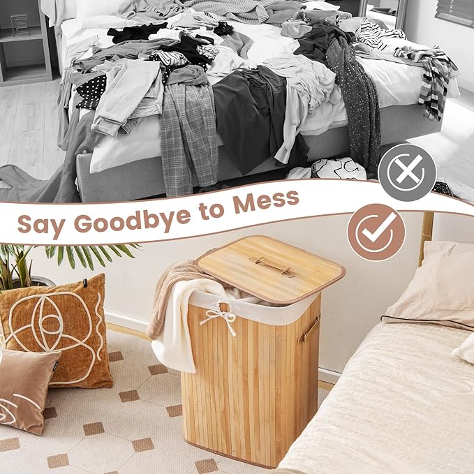 Giantex Bamboo Laundry Hamper with Lid, 72L Large & Tall Clothes Hamper with Removable Liner & Handles, Rectangular Laundry Basket for Small Spaces, Laundry Room, Bedroom (Natural)