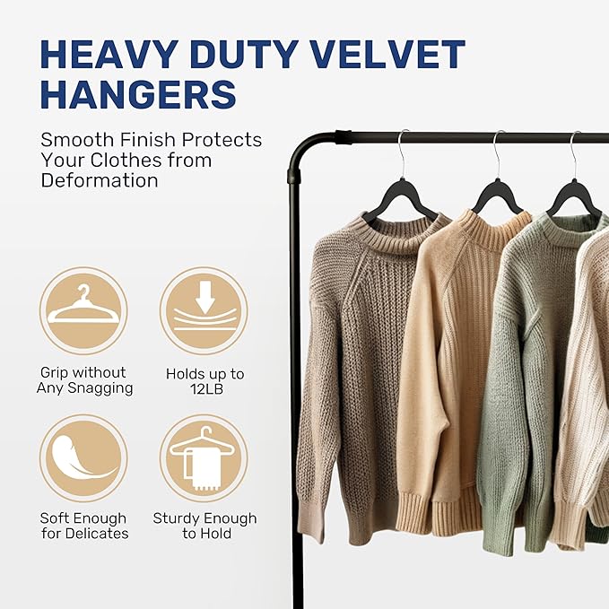 YSSOA Velvet Hangers 50 Pack, Heavy Duty Non-Slip Clothes Hangers with Shoulder Notches, 360° Swivel Hooks, Black