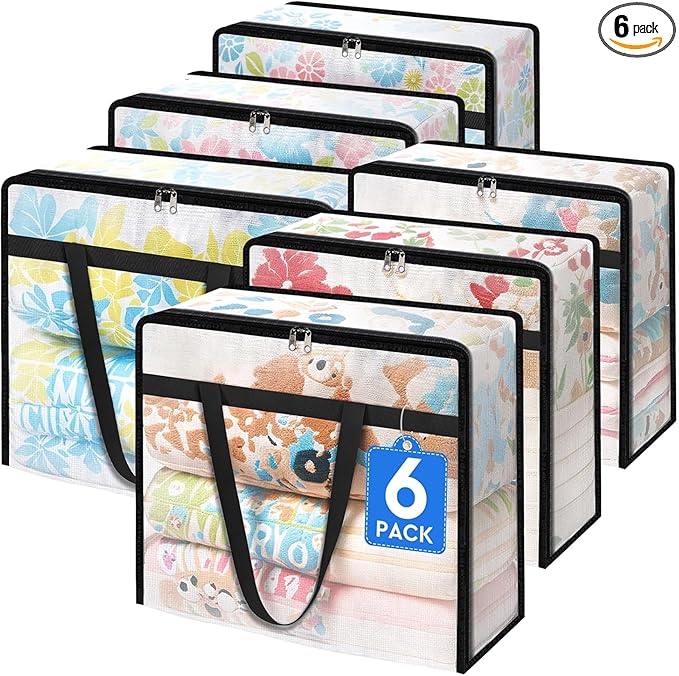 BlissTotes 6 Pack Clear Clothes Storage Bags, Moving Bags, Foldable Blanket Storage Under Bed Storage Containers with Sturdy Zipper and Handle for Clothing, Comforter, Bedding, Sheet (60L)