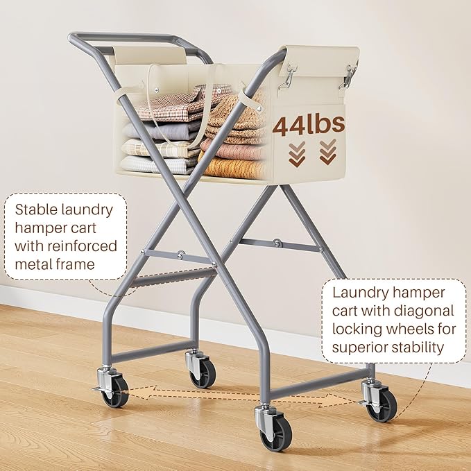 No-Bend Laundry Cart- Rolling Hamper with Locking Wheels & Handle, Foldable Basket Screw-Free Assembly, Durable Metal Frame & Removable Liner Bag for Bedroom & Bathroom (Beige)