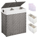 Greenstell Laundry Hamper with 2 Removable Liner Bags - 90L Divided Clothes Hamper, Handwoven Synthetic Rattan Foldable Laundry Basket with Lid and Handles Gray (18.3x13.3x24.0Inches)