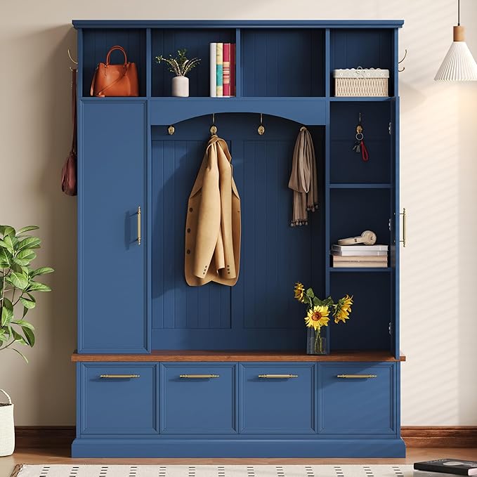 Versatile Hall Tree with Golden Hooks and 2 Doors, 5-in-1 Wood Coat Rack Entryway Shoe Cabinet with Bench& Adjustable Shelves, Functional 59'' Wide Hall Tree for Entrance Hallway