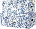 Briful Set of 2 Blue and White Porcelain-Style Storage Boxes with Lids – Elegant Floral Nesting Organizer Bins, 14'' + 13'' Set Decorative Cardboard Gift Boxes for Home or Office Use