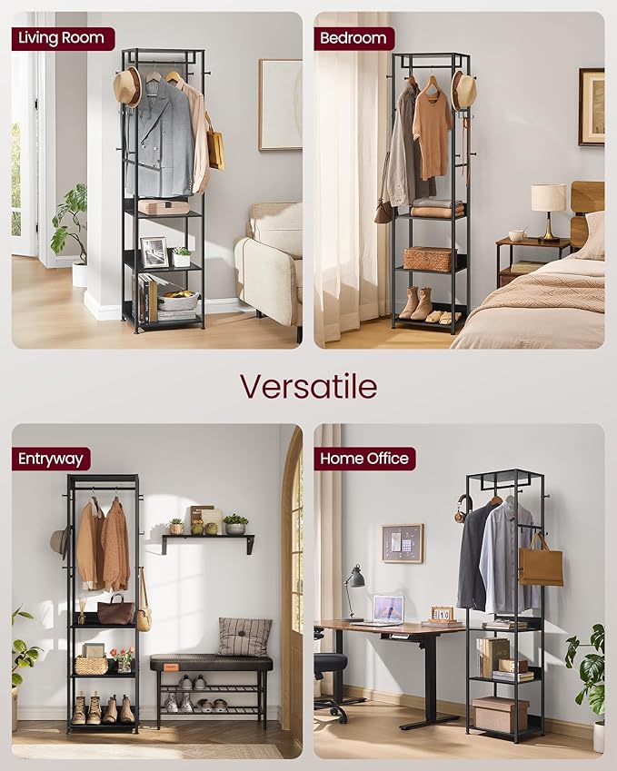 VASAGLE Coat Rack, Freestanding Hall Tree with Shelves, Hanging Rail, and Hooks, Space-Saving Coat Stand, Steel Frame, for Clothing, Bags, Hats, Ink Black and Charcoal Gray URCR061BD03