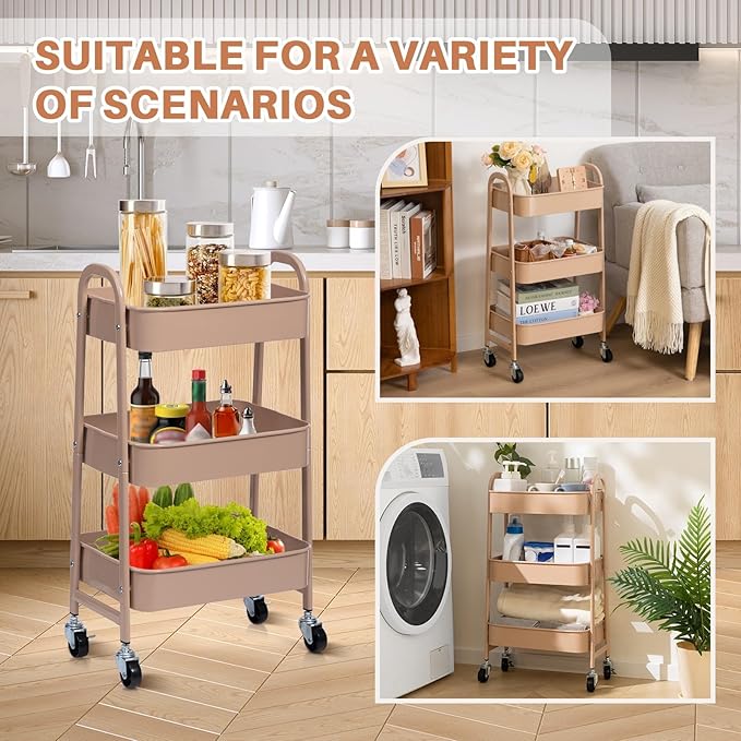 AGTEK 3 Tier Utility Rolling Cart with Lockable Wheels, Metal Multifunctional Storage, Organizer Cart for Kitchen, Office, Living Room, Makeup, Craft, Art Studio, Blush