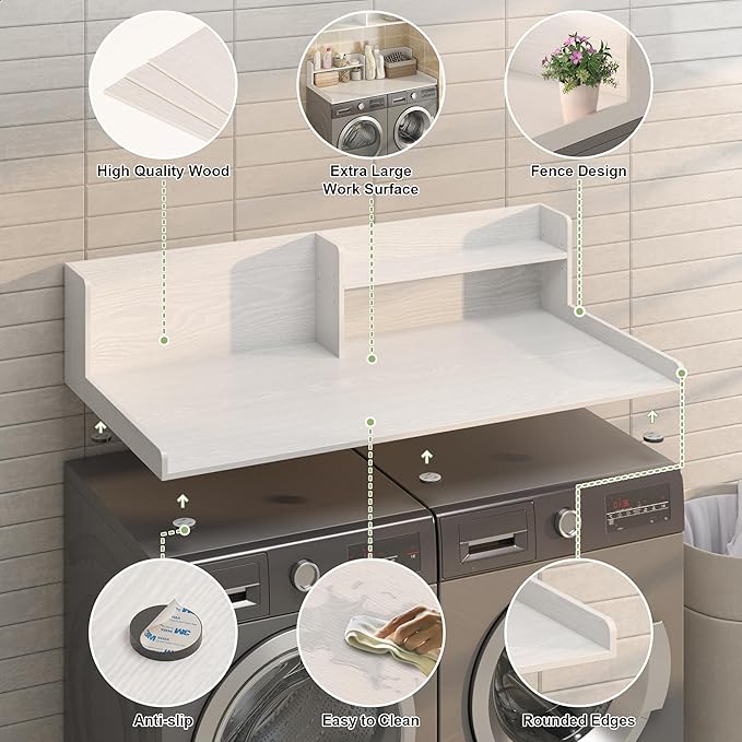 Washer Dryer Countertop, White - 2-Tier Wood 54" x 27.5" Laundry Topper with Safety Guard & Non-Slip Pads, Over The Washer Dryer Folding Shelf for Maximum Space Saving (White)