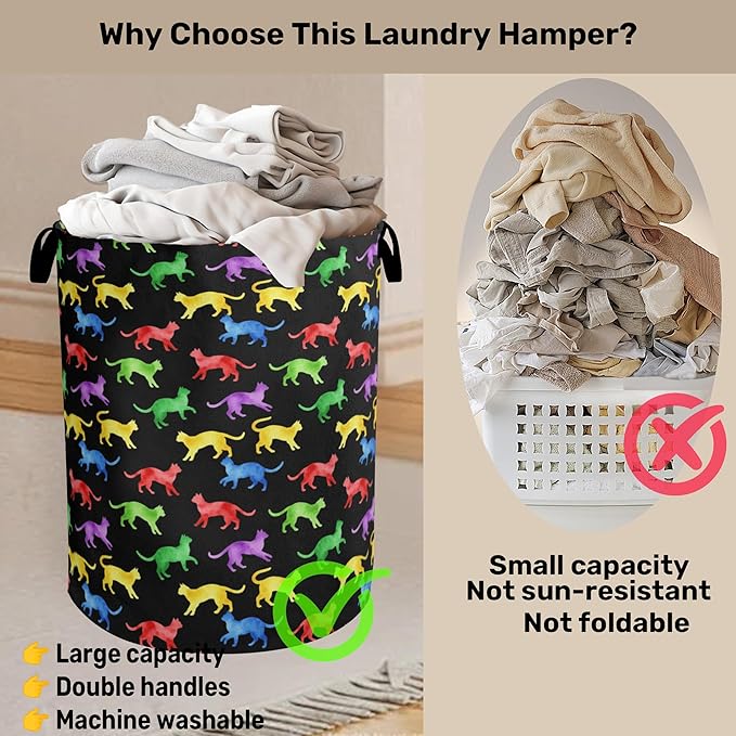 Colorful Cat Silhouette Laundry Basket with Handles - Extra Large Foldable Hamper for Bathroom/Laundry/Bedroom/Dorm, Washable Fabric Storage Bin