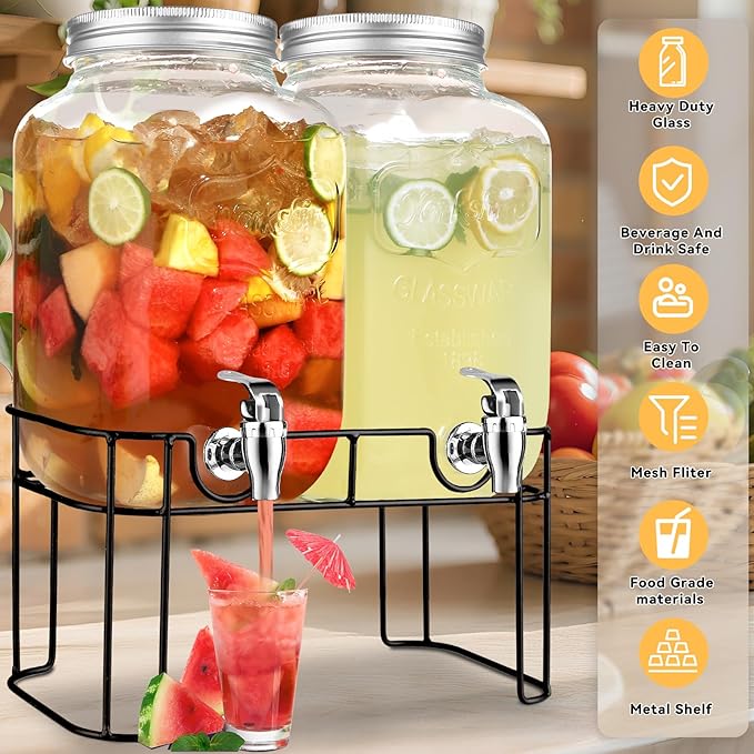2 Gallon Glass Drink Dispensers For Parties，Lemonade Beverage Dispenser With Stand And Spigot For BBQ, Picnic, Party,Laundry Detergent Dispenser