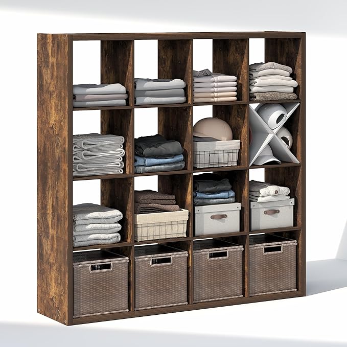 Furinno Cubic Closet Organizers and Storage, 16-Cube Closet Organizer, Open Shelf Closet Storage, Extra Thick Frame for Wardrobe, Bedroom, Living Room, Amber Pine