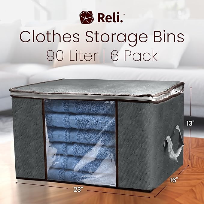 Reli. 90L Large Clothes Storage Bags (6 Pack) Closet Organizers and Storage Containers | Foldable Bins with Lids & Handles | Large Bags for Towels, Comforters, Blankets | Grey