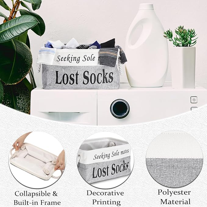 Lost Socks Basket for Laundry Room, Fabric Missing Sock Holder for Single Sock Organization, Collapsible Lost Socks Bin Stockings Container, Farmhouse Laundry Room Decor and Accessories