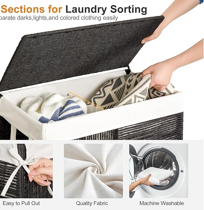 WOWLIVE Double Laundry Hamper with Lid, Handwoven Rolling Laundry Basket with Wheels, 115L Dirty Clothes Hamper with Removable Liner Bag Large Capacity Laundry Sorter Laundry Room Organization,Black