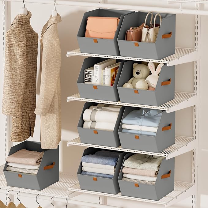 Fabric Closet Storage Cubes - 8 Pack Square Storage Bins with Dual Handles for Clothes, Towels, Toys, Cube Storage Organizers for Bedroom, Nursery, Shelves, Closet, Small Spaces, Grey