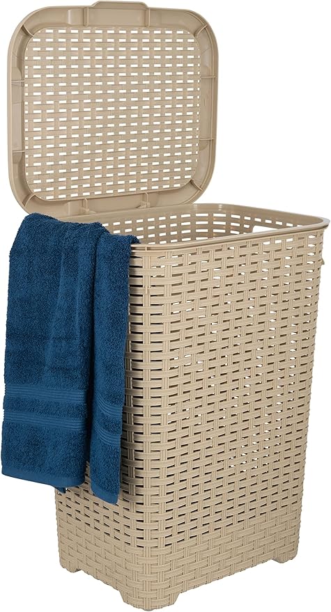 Superio Laundry Hamper Basket With Easy Open Lid 60 Liter Beige, Large Wicker Hamper, Dirty Cloths Storage With Two Cutout Handles, Laundry Room Bin