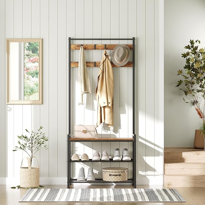 Hall Tree, Coat Rack with Shoe Bench, Entryway Bench with Shoe Storage, Multifunctional Entryway Storage Organizer, Metal Frame and 8 Movable Hooks, for Hallway, Rustic Brown MT01BR