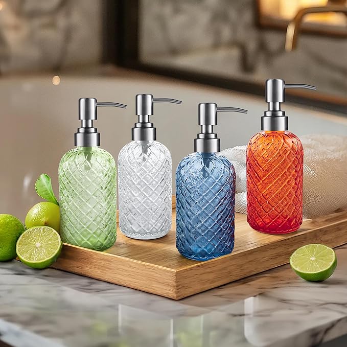 14 Oz Refillable Glass Soap Dispenser with Rust Proof Stainless Steel Pump, for Dispense Hand soap, Body wash, Lotion 2pack (Blue)