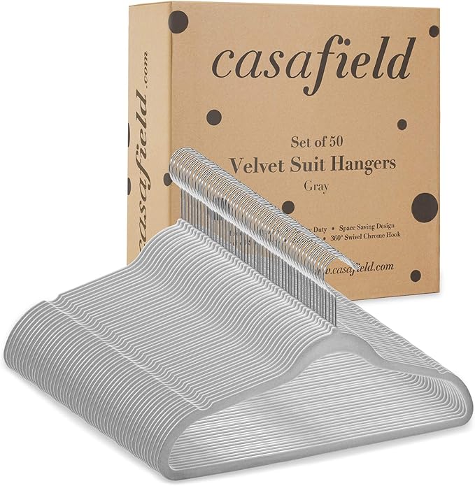 Casafield 50 Gray Velvet Suit Hangers - Space-Saving Non-Slip Clothes Hanger