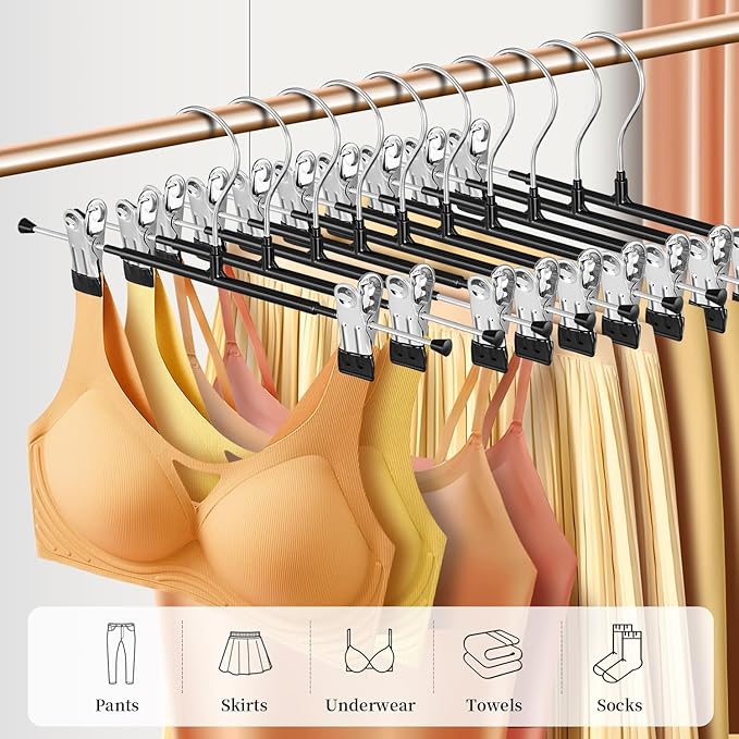 10 Pack 12Inch Heavy Duty Pants Skirt Hangers with Clips,Metal Trousers Hanger for Jeans Black Non Slip Women Shorts Hangers Saving Space Clothing Hanger for Adult,Men,Children,Kid,Baby