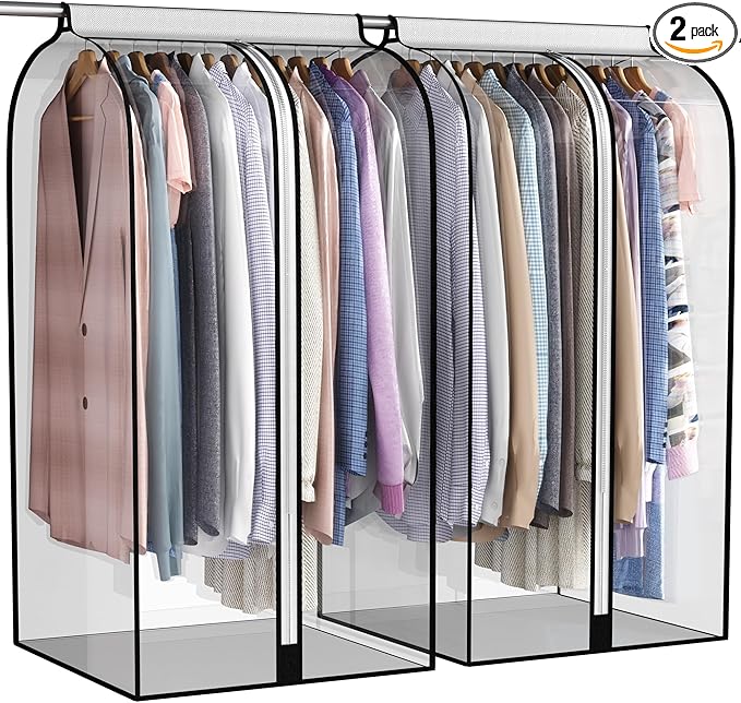 22” Gusseted Garment Bags for Hanging Clothes, All Clear Clothes Cover for Closet Storage, Wardrobe Coat Protector for Suit, Shirt Dress, Bottom Enclosed, 2 Pack, 40” Long