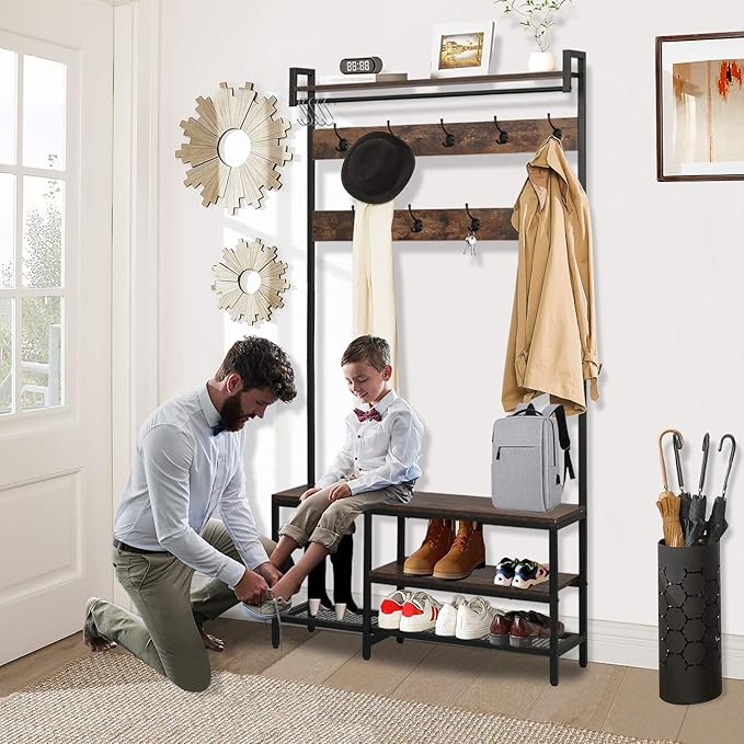 Corner Coat Rack, Corner Hall Tree with Bench and Shoe Storage, Industrial coat rack with storage and 14 Hooks for Entryway Hallway Bedroom (Hall Tree Entryway)
