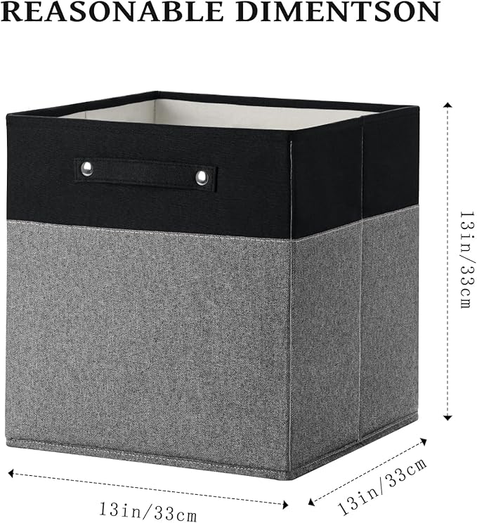 13 x 13 Inch Fine Linen Storage Bins with Handles，Fabric Cube Boxs，Basket Organizers for Shelves for Home, Closet Drawers (Black/Gray-6 Pack)