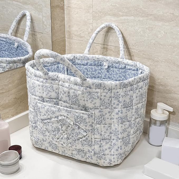 Floral Fabric Storage Basket Car Interior Storage Basket Underwear Sundries Laundry Baskets Supplies Home Organizer Bag (Blue)