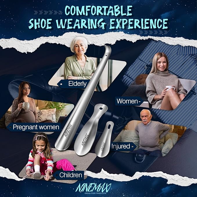 NINEMAX Shoe Horn Long Handle for Seniors Men Women, Metal Long Shoehorn Boot Horn 16.5'', Small Travel Shoe Spoon Helper for Kids 7.5'' and 4''