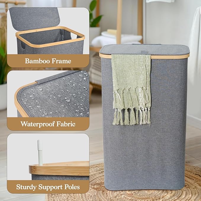 Laundry Basket with Lid, 75L Laundry Hamper with Removable Bag, Travel Dirty Clothes Basket with Bamboo Handles for Bathroom, Bedroom & Laundry Room, Grey