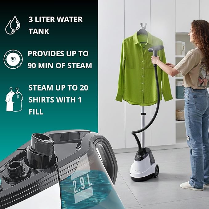 True & Tidy® Commercial Garment Steamer – Heavy Duty 1800W for Home & Commercial Use, 90+ Min Continuous Steam, Large 3L Tank, Wheels, Smart Auto-off Safety