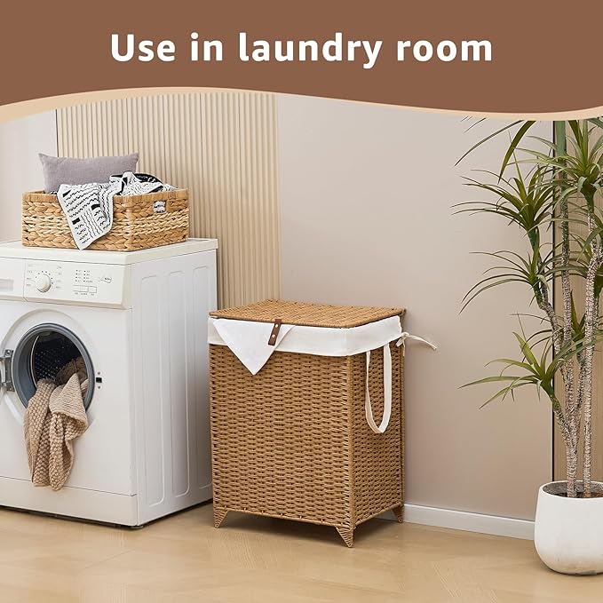 Handwoven Laundry Hamper with Lid, Natural Hyacinth Heightened Feet Laundry Basket, Wicker Clothes Hamper with Removable Liner Bag (Wicker, 90L)