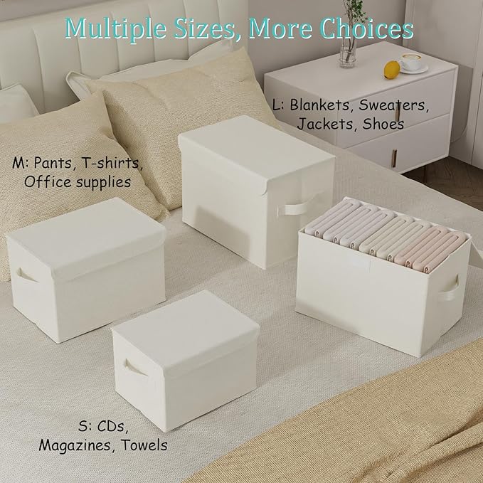 Storage Bins with Lids for Organizing, Closet Boxes with 2 Carrying Handles and Sturdy Heavy Cardboard, Home Organizers Cubes, 2 Pack, Beige, 15 x 9.8 x 9.8 In, XSNY12BEL-2