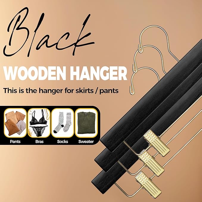 Quality Hangers Wooden Pants Hangers - Multi-Pack Swivel Hook Cloth Hanger Set - Lotus Wood Skirt, Pant, Shorts and Slack Hangers with Adjustable Clip – Clothing Hanger Set (Black - Gold Hook, 100)