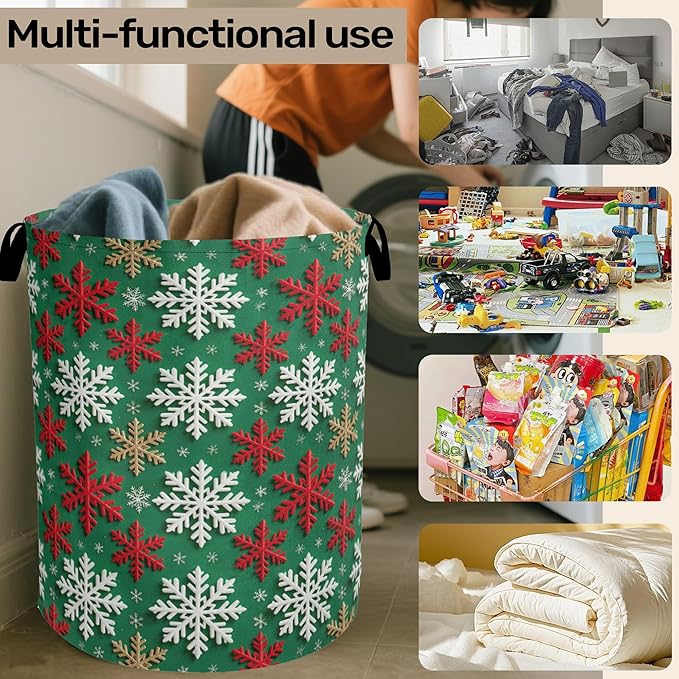 Winter Snowflakes Christmas Large Clothes Hamper Bag - Laundry Basket with Handles, Space Saving Foldable Design for Nursery