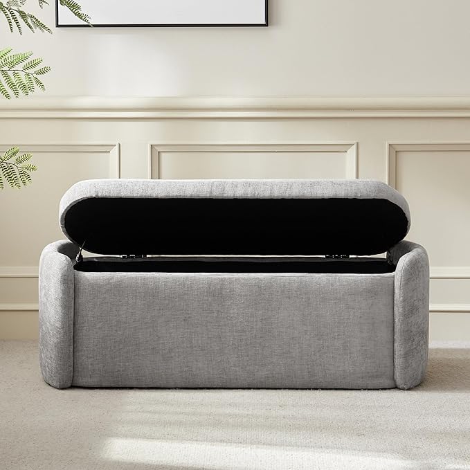 VKNOW Oval Storage Ottoman Bench, 46" Upholstered End of Bed Bench Ottomans Bench Foot Rest, Sherpa Storage Bench for Bedroom, Living Room and Hallway, Light Grey