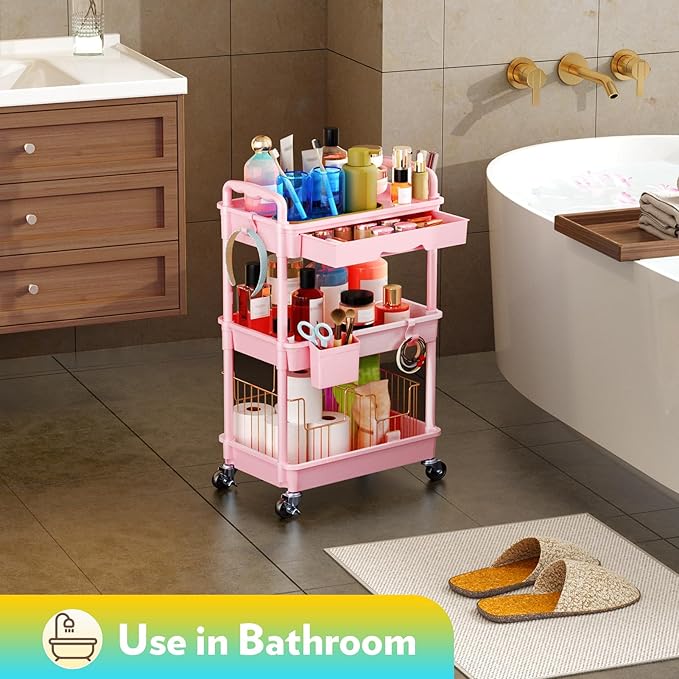 Makeup Cart Organizer with Drawers, Floor Skincare Organizers Vanity Storage Organizer, Rolling Makeup Bathroom Storage Cart Cosmetics Display Cases for Skin Care Perfume Nail Polish, Pink