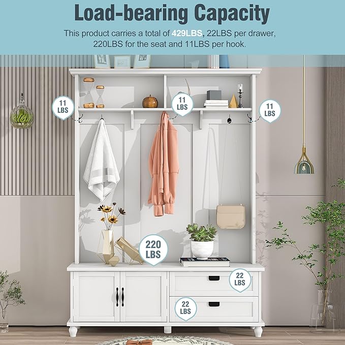 80.3" Tall Hall Tree with Storage Cabinet and 2 Large Drawers, Modern Wooden Coat Hanger with 5 Coat Hooks and 2 Open Shelfs, Storage Bench, Entryway Bench