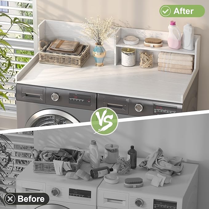 Washer Dryer Countertop, White - 2-Tier Wood 54" x 27.5" Laundry Topper with Safety Guard & Non-Slip Pads, Over The Washer Dryer Folding Shelf for Maximum Space Saving (White)