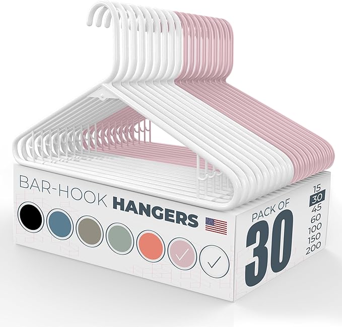 Neaties Plastic Hangers 30 Pack – Made in The USA – 6lb Capacity Standard Clothes Hangers with Strap Hooks for Dresses, Lingerie, Shirts, Pants, and Jackets – White & Pink
