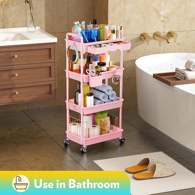 Makeup Cart Organizer with Drawers, 4 Tier Floor Skincare Organizers for Vanity, Rolling Makeup Bathroom Storage Cart Cosmetics Display Cases for Skin Care Perfume Nail Polish, Pink