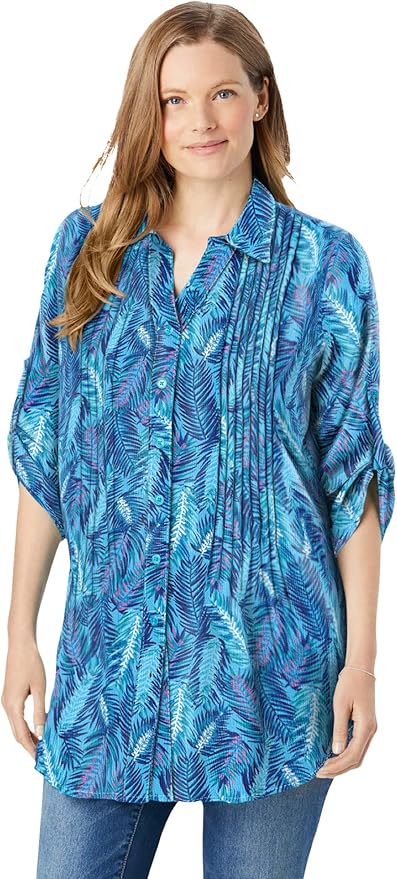 Woman Within Plus Size Pintucked Button Down Gauze Shirt